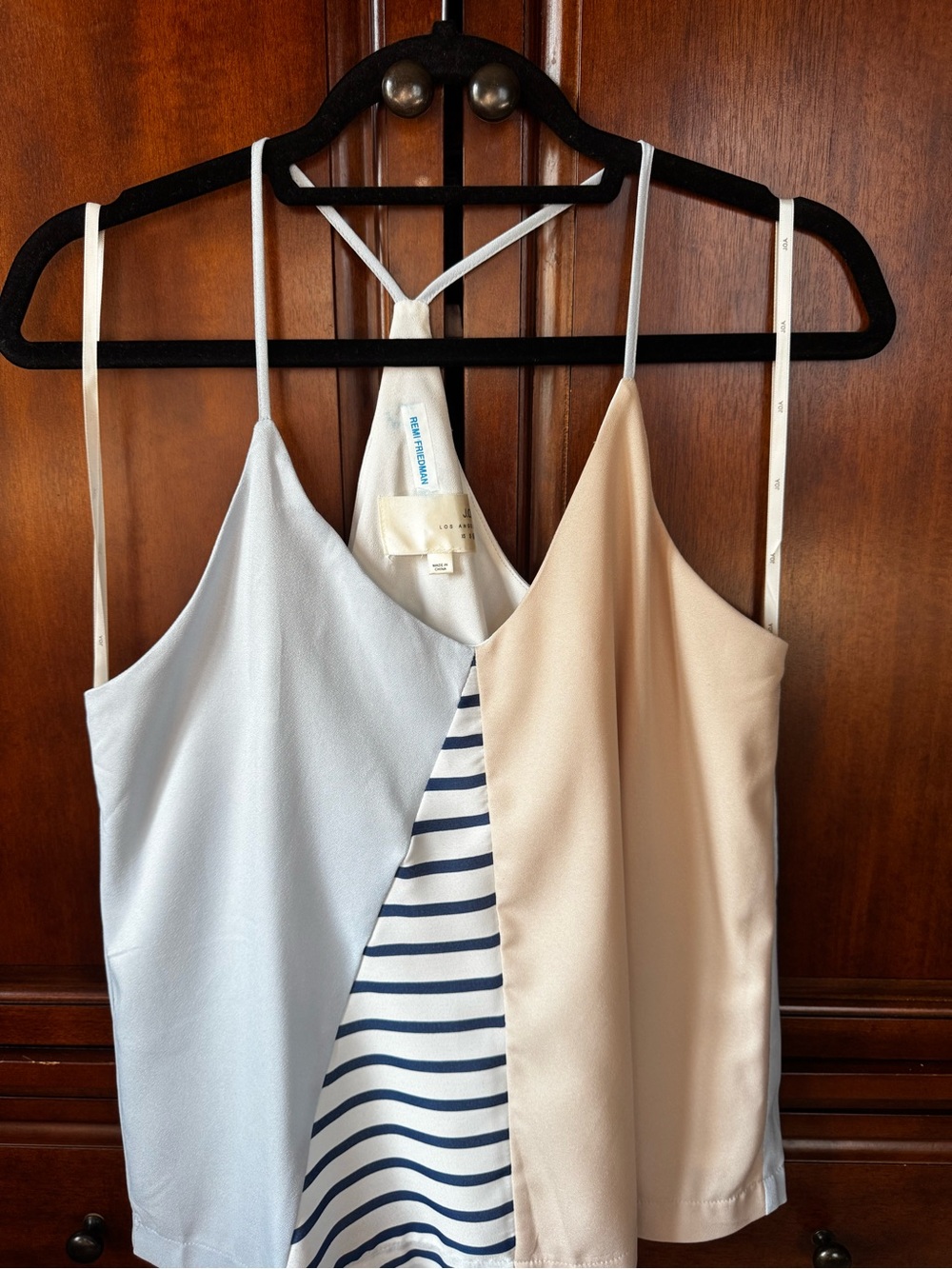 J.O.A. Colorblock Spaghetti Strap Blouse - Light Blue, Beige & Navy Stripe